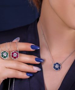 گردنبند نقره طرح گل با نگین رنگی