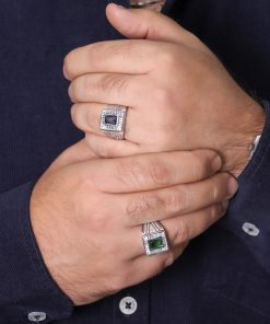 انگشتر مردانه طرح جواهر بانگین رنگی مستطیل