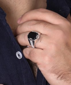 انگشتر مردانه با سنگ انیکس و رکاب چهارچنگ نگیندار